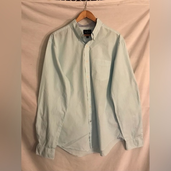 American Eagle Outfitters Mens Dress Shirt Aqua and White Stripe Size L - Picture 2 of 8